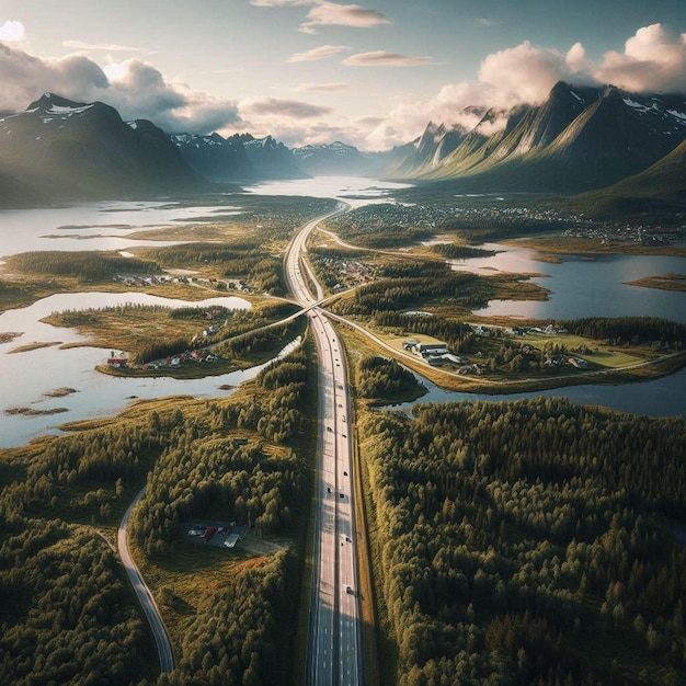 A landscape view of a highway road journey in Norway