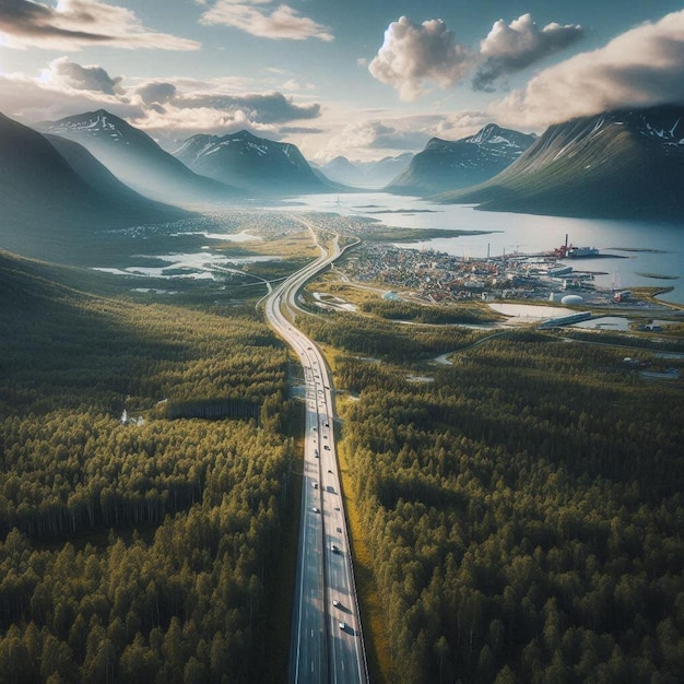 A landscape view of a highway road journey in Norway