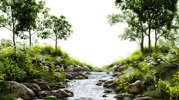 Photo landscape view of a lush forest with a babbling brook isolated on white background vintage