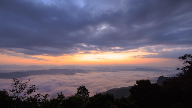 Landscape view sea of fog or cloud and the sunrise at morning Doi Samer Dao viewpoint Nan province Northern of Thailand