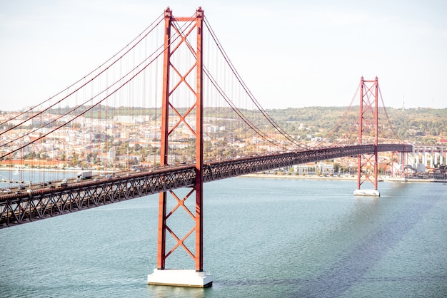 Landscape view on the Tagus river and the famous 25th of April Bridge in Lisbon city, Portugal