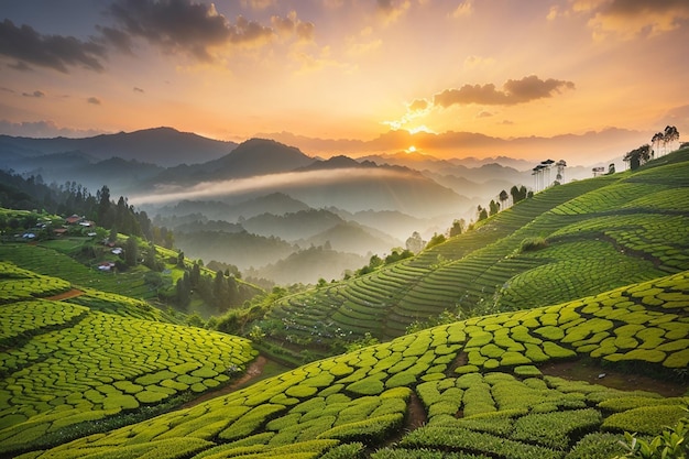 Landscape view of a tea plantation at sunset munnar kerala state india