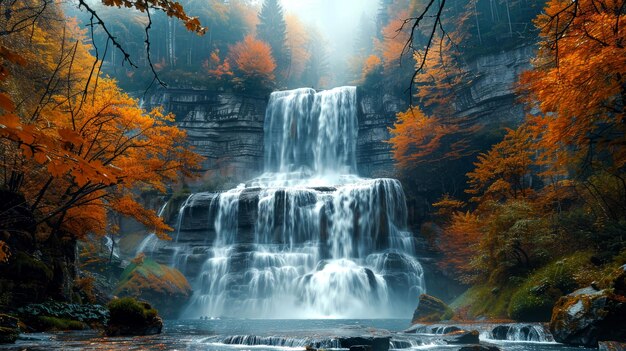 landscape waterfall in autumn