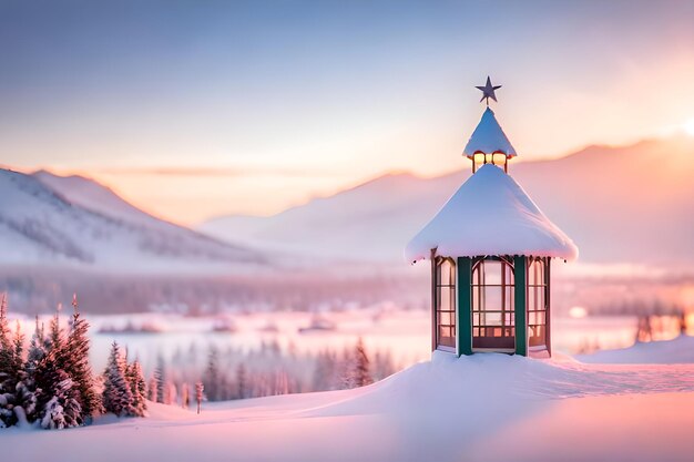 Landscape of winter snowy field and a fancy hut with clear cloudy sky and blur forest background in the evening sunset