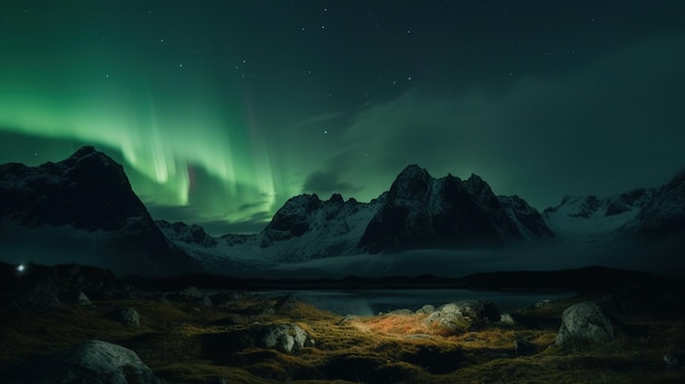 A landscape with the aurora borealis above it