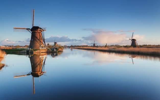 Photo landscape with beautiful traditional dutch windmills at sunrise