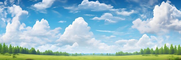 landscape with blue sky and white fluffy clouds greed