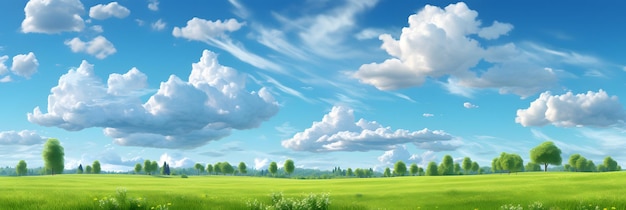 landscape with blue sky and white fluffy clouds greed