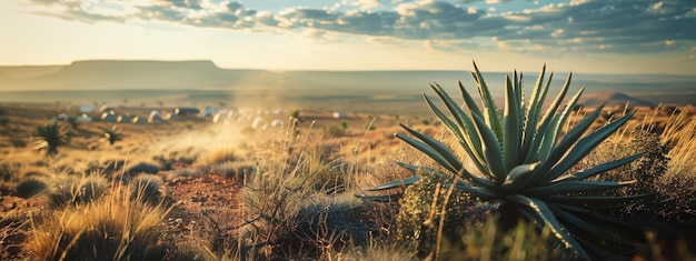 Photo a landscape with a cactus and a sunset in the background