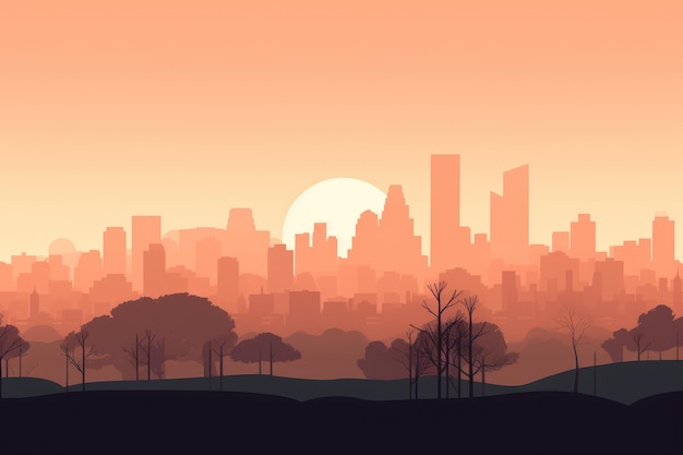 A landscape with a city skyline behind it consisting of a park and trees in minimalist illustration