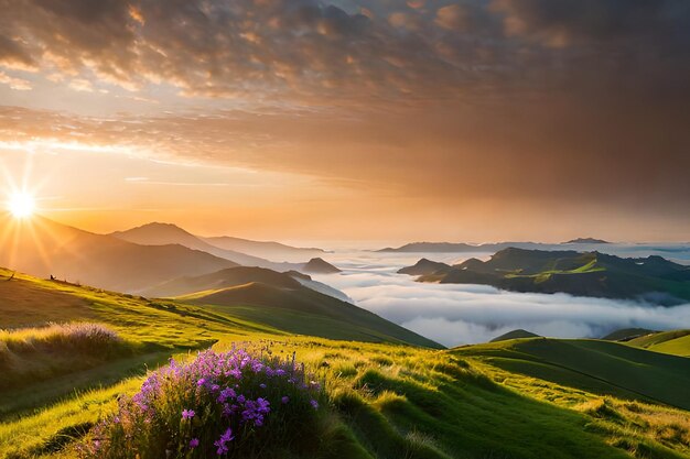 A landscape with clouds and a green field with flowers in the foreground