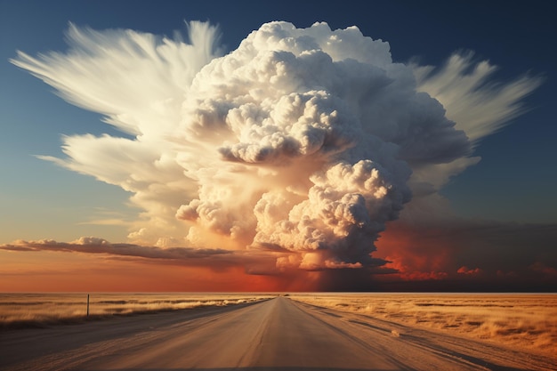 landscape with dramatic sky and huge cumulonimbus thundercloud on the horizon nature background