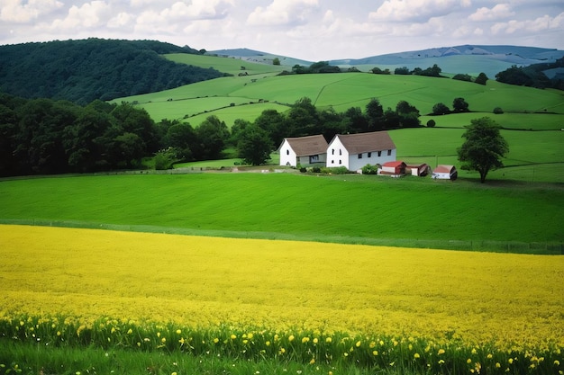 Landscape with a farm house and blooming fields on the hills