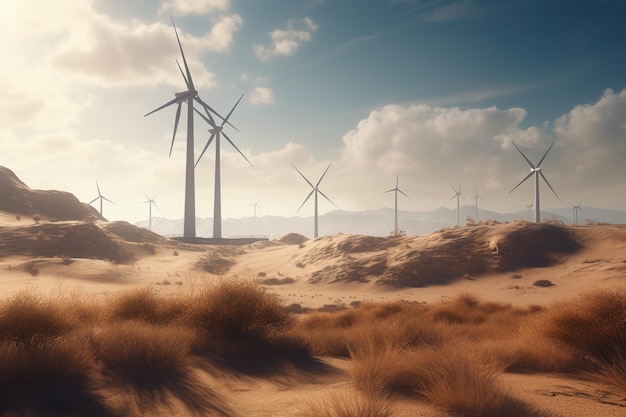 A landscape with a few windmills in the desert.