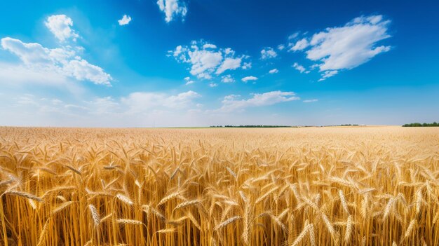 Landscape with golden wheat field and sunny day under blue sky rural countryside generative AI