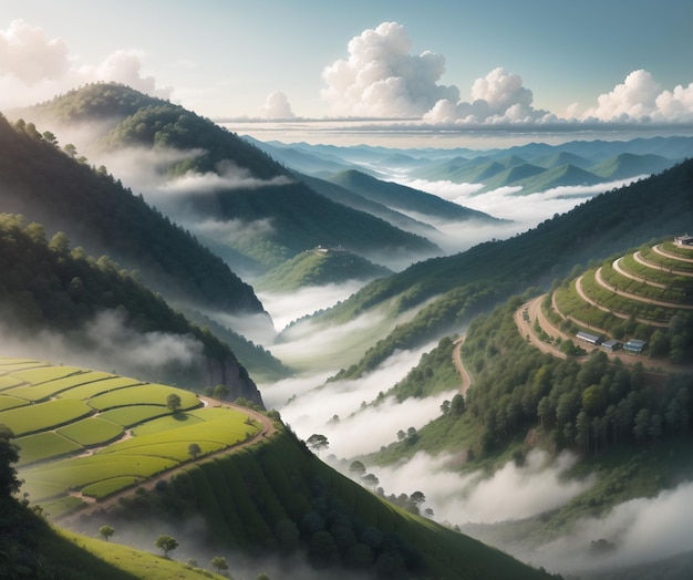 A landscape with a green field and a road in the middle of the mountains.