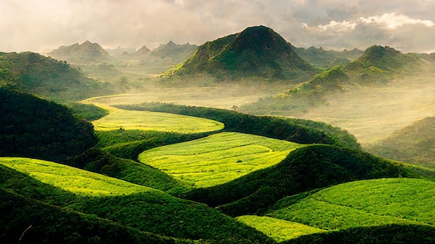 Landscape with green fields and mountains