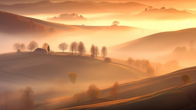 A landscape with hills and trees in the fog