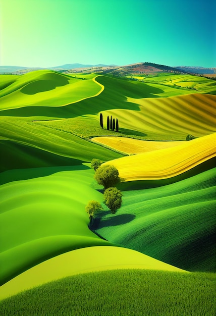 A landscape with hills and trees in the foreground and a blue sky in the background.