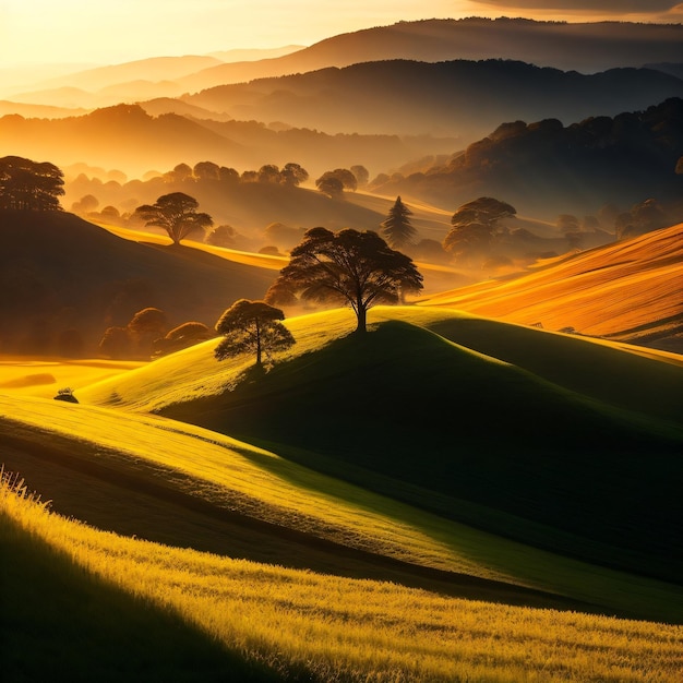 A landscape with hills and trees in the foreground and the sun shining on the horizon.