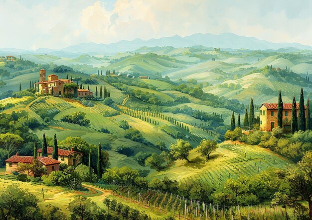 Photo a landscape with a house and a landscape with a vineyard and mountains