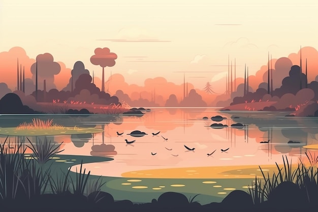 Landscape with lake and forest at sunset Nature background illustration generative ai