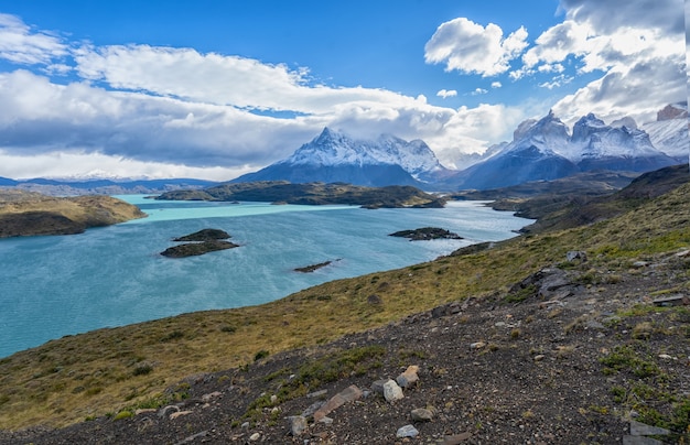 Landscape with lake Lago del Pehoe in the Torres del Paine national park, Patagonia, Chile.