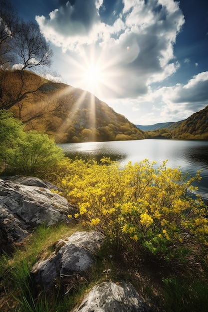 A landscape with a lake and mountains in the background