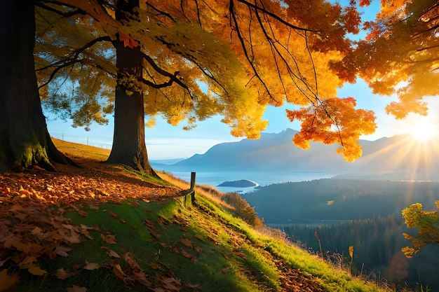 A landscape with a lake and a tree with autumn leaves