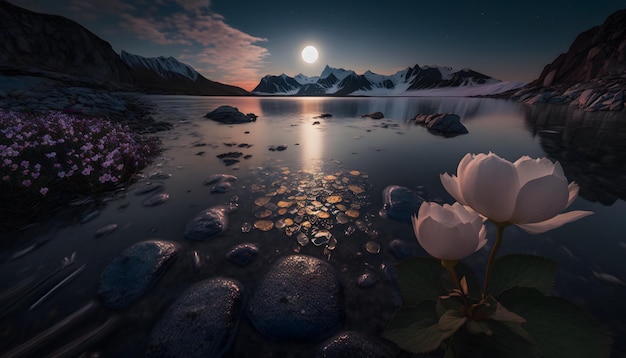 A landscape with a lake and a white flower in the foreground.