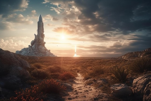 A landscape with a large rock in the foreground and a sky with clouds and a sun setting behind it.