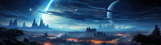 a landscape with lava and mountains and a moon