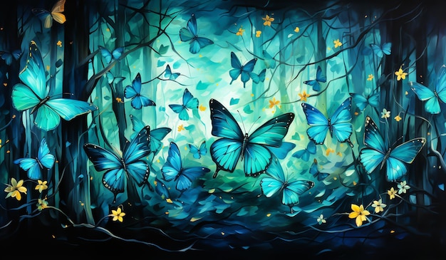 Landscape with many blue butterflies AI generated