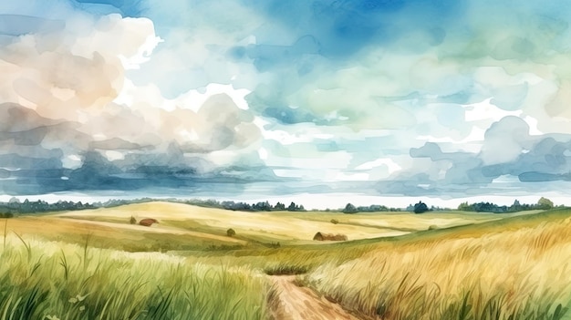 Landscape with meadow road and clouds Digital painting