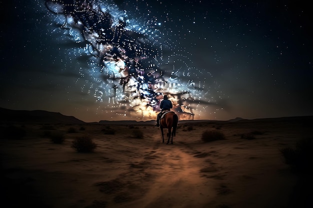 Landscape with milky way cowboy with his horse neural network ai generated