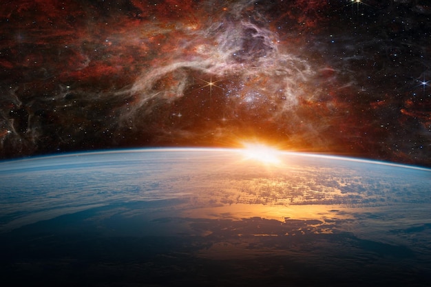 Landscape with Milky way galaxy Sunrise and Earth view from space with Milky way galaxy Elements of this image furnished by NASA