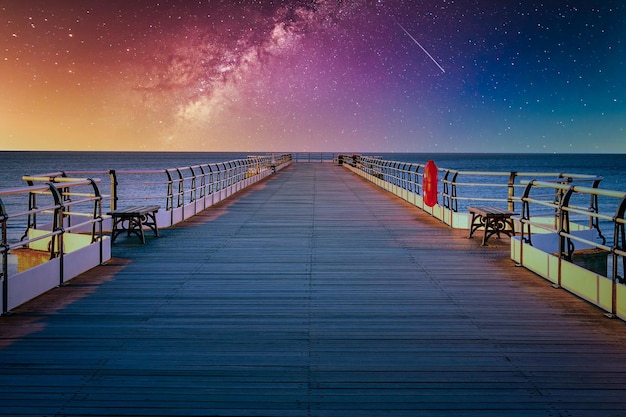 Landscape with Milky way galaxy and Sunset over pier at Saltburn by the Sea North Yorkshire UK