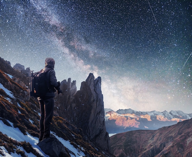 Landscape with milky way, Night sky  stars and silhouette of a standing photographer man on the mountain.