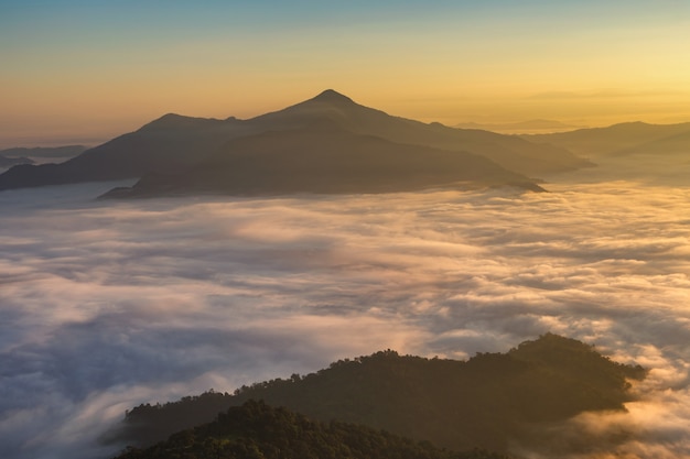 Landscape with the mist at Pha Tung mountain in sunrise time, Chiang Rai Province, Thailand