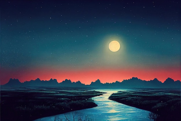 Landscape with Moon Illustration. Genarative AI