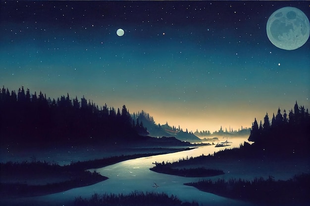 Landscape with Moon Illustration. Genarative AI