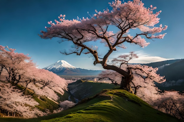 A landscape with a mountain in the background and a tree with pink flowers in the foreground.