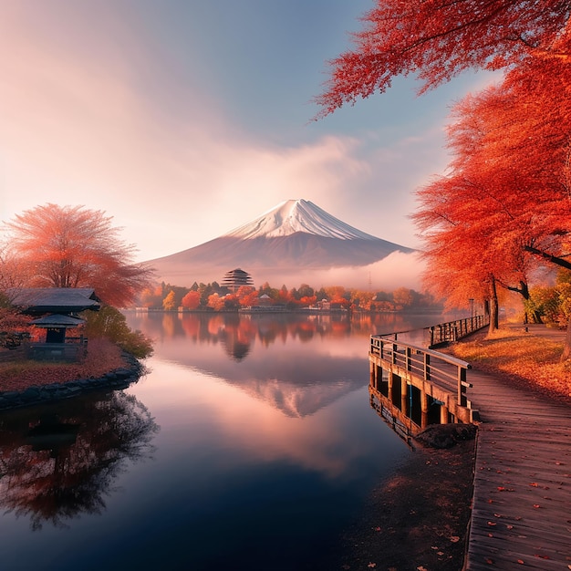 A landscape with a mountain in the background and a wooden walkway with a wooden walkway