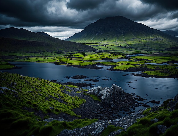 A landscape with a mountain in the background