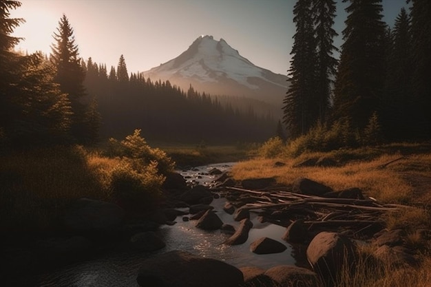 A landscape with a mountain in the background