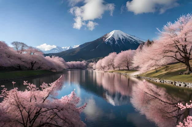 A landscape with a mountain and a lake with a mountain in the background