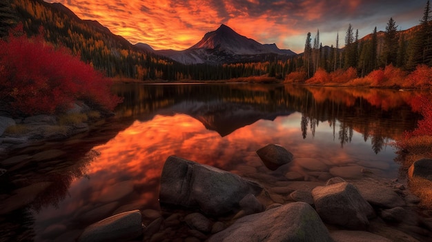 A landscape with a mountain and a lake with a red sky and a sunset in the background.