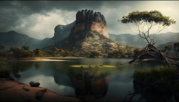 A landscape with a mountain and a lake