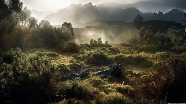 A landscape with mountains in the background