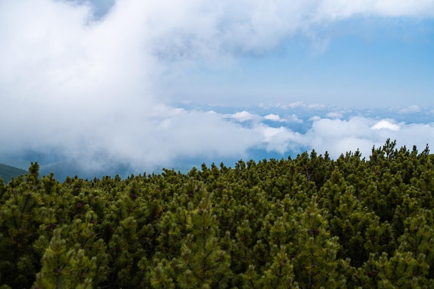 Landscape with mountains and clouds. Rocks. Hiking tourist destination